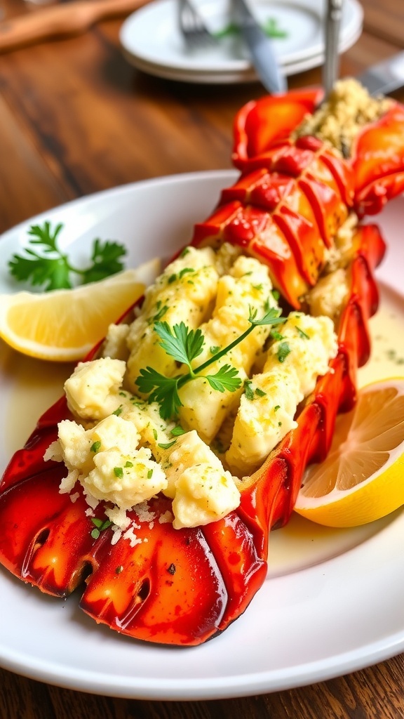 Baked lobster tail with garlic butter, garnished with parsley and lemon, on a white plate.